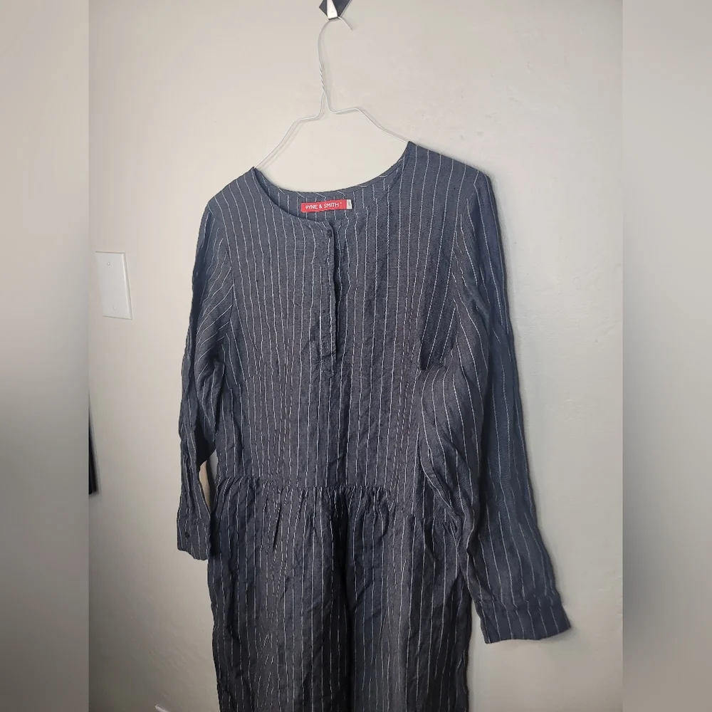 Relaxed Navy Pinstripe Midi Dress - Picture 3 of 5